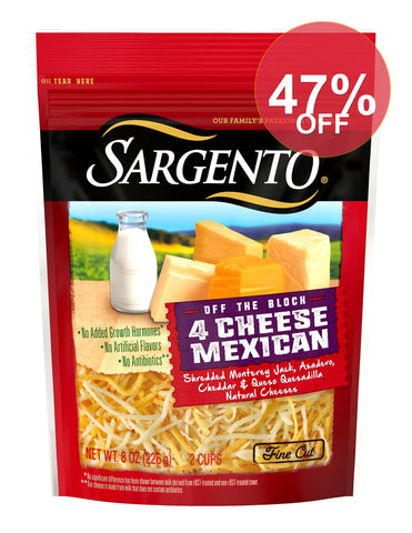 Shredded Monterey Jack, Asadero, Cheddar & Queso Quesadilla Off the Block 4 Natural Mexican Fine Cut Cheeses, 4 Cheese Mexican | 12 Pack