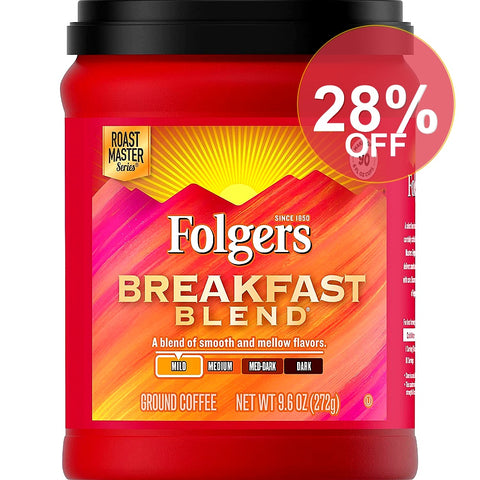 Folgers Breakfast Blend Ground Coffee  Smooth & Mild Coffee  9.6 Ounce Canister | 6 Pack